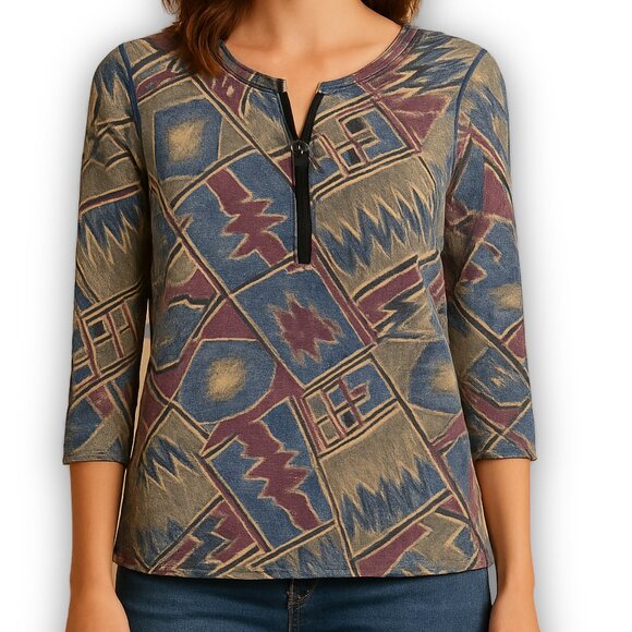 Lauren Ralph Lauren Henley Top Red Southwest Print L/XL - Picture 1 of 10